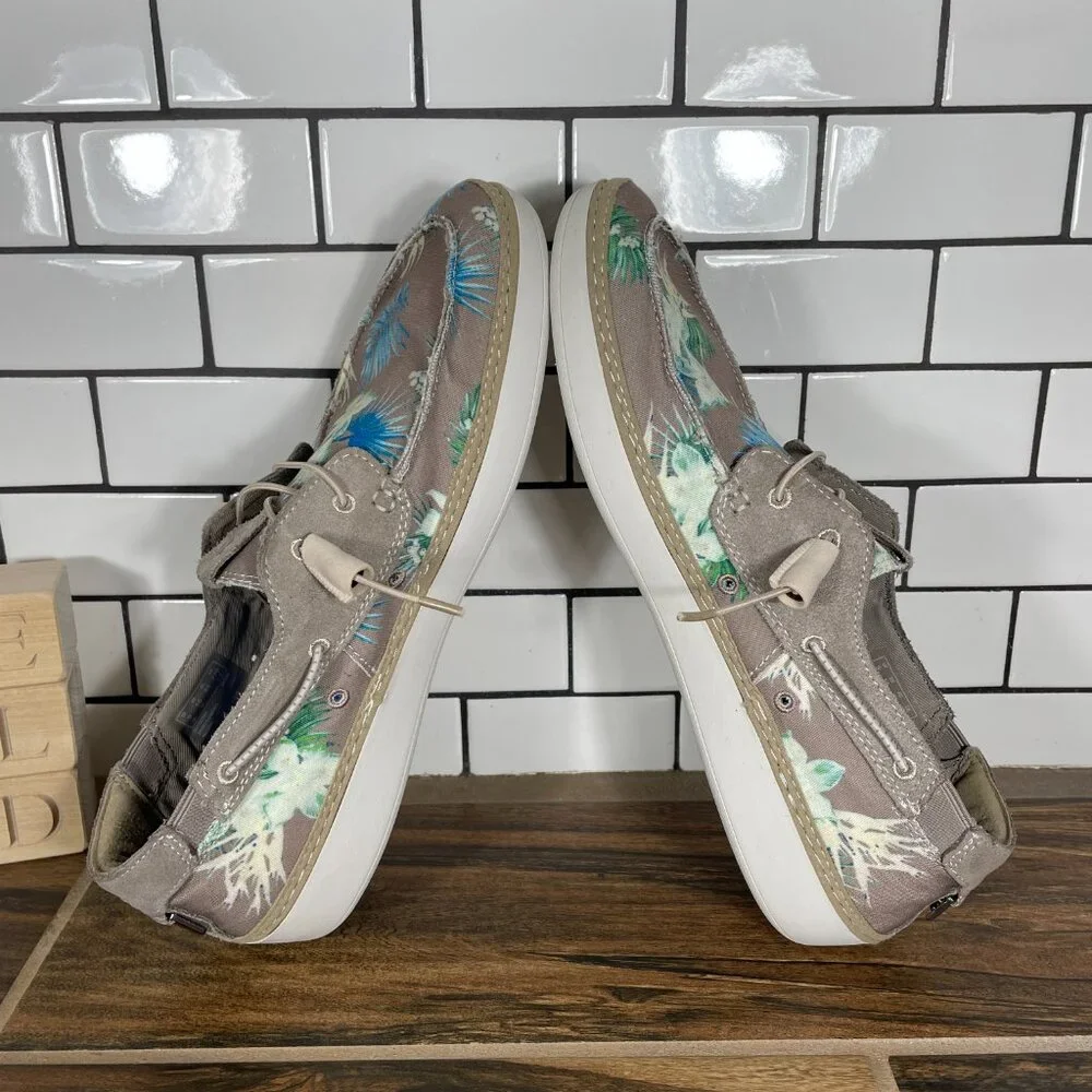 Clarks Higley Tie Mens Size 10 Boat Shoes Sand Floral Canvas Suede Bottle Opener